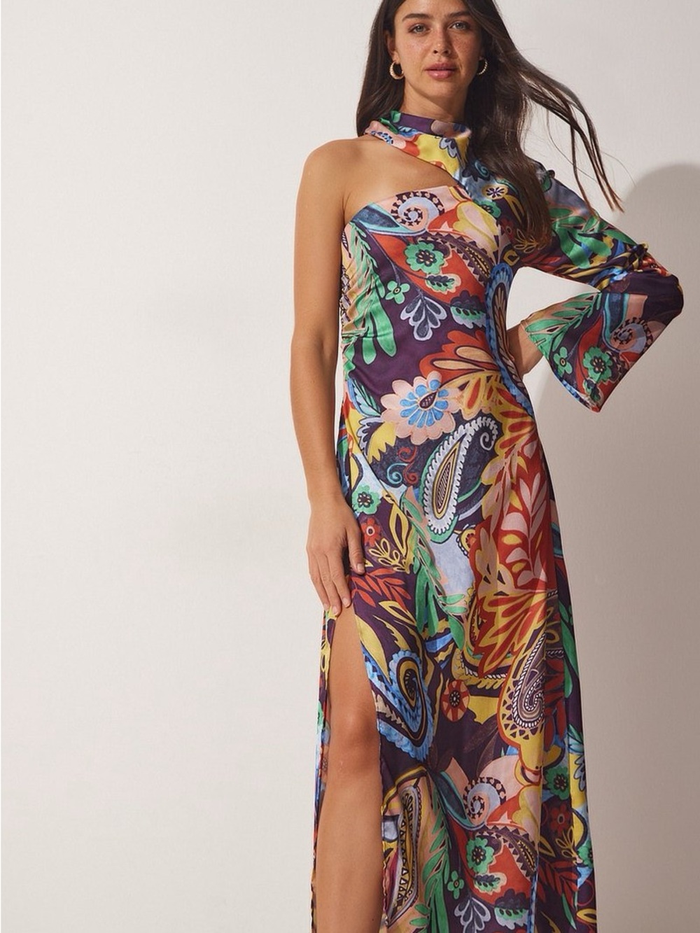 Zara One-Shoulder Floral Paisley Maxi Dress in Multicolor